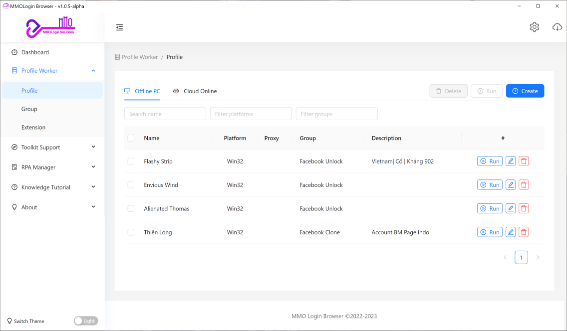 Giao diện MMOLogin Browser — quản lý hồ sơ đa tài khoản
